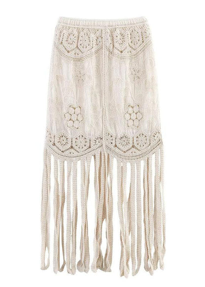 Modern Beige Tasseled Hollow Out Embroidered Cotton Two Pieces Set Summer
