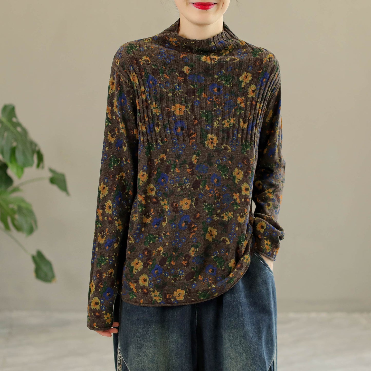 Women Retro Cotton High Collar Knitted Floral Sweater