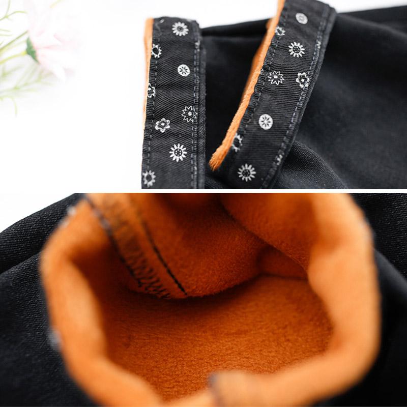 Autumn Winter Retro Floral Plush Resilient Cotton Jeans