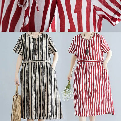 Handmade red striped clothes Women o neck drawstring Art summer Dress