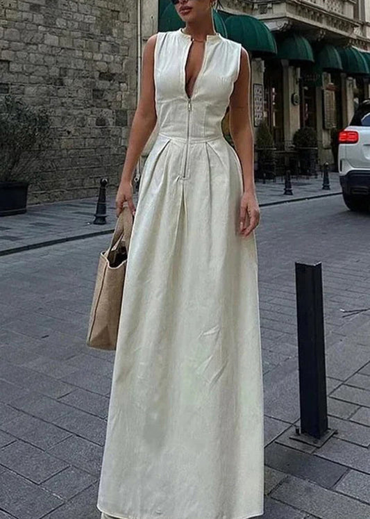 Chic Green Zip Up Pockets Patchwork Cotton Long Dress Sleeveless