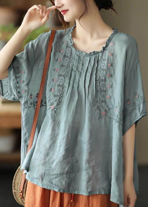 Women Green Floral Draped Ramie O-neck Embroidered Split T-shirt