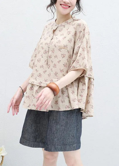 Women stand collar nude prints linen top silhouette design half sleeve blouses summer