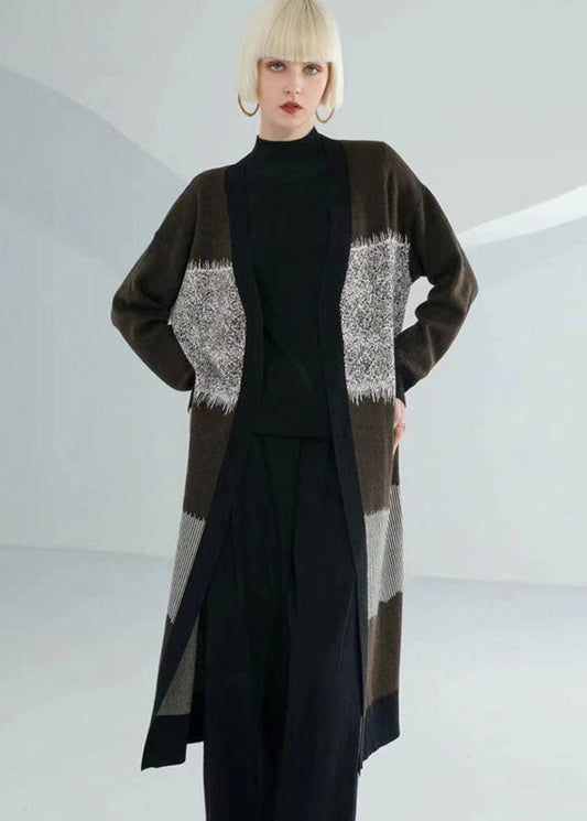 Unique Coffee Green V Neck Patchwork Print Wool Knit Cardigan Long Sleeve