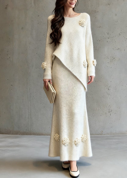 Natural Asymmetrical Floral Cotton Knit Sweaters And A Line Skirts Two-Piece Set Spring