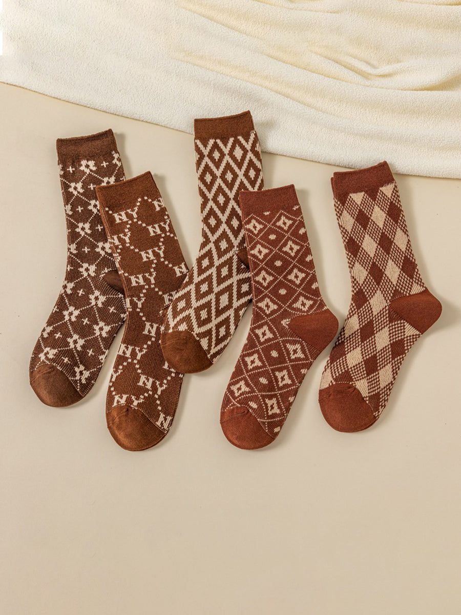 5 Pairs Women Cotton Plaid Casual Crew Socks