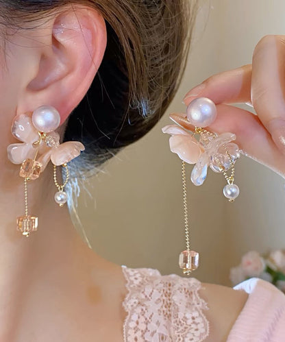 Cute Pink Sterling Silver Overgild Crystal Pearl Floral Tassel Drop Earrings
