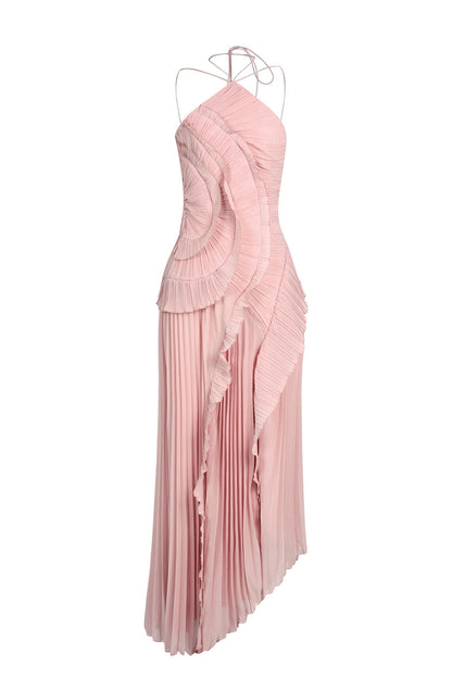 Pleated Frill Halter Neck Midi Dress