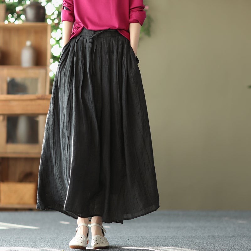 Retro Cotton Linen Lacing Waist A-Line Skirt