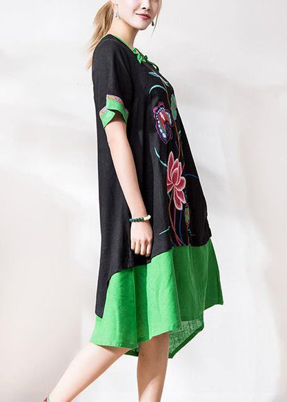 Chic black embroidery linen dresses o neck patchwork Dresses summer Dress