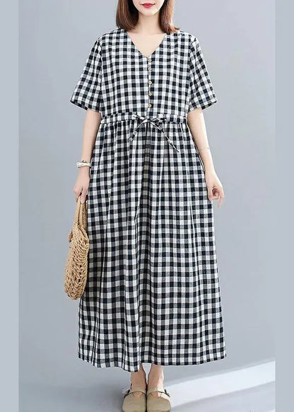Organic v neck drawstring cotton clothes For Women Tutorials black Large plaid Dress