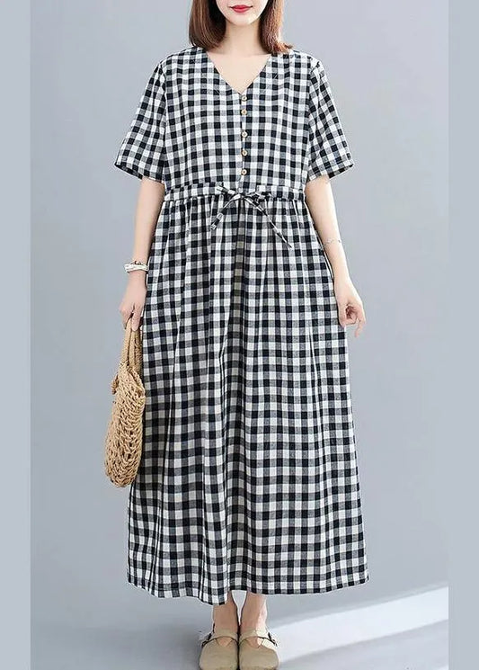 Organic v neck drawstring cotton clothes For Women Tutorials black Large plaid Dress