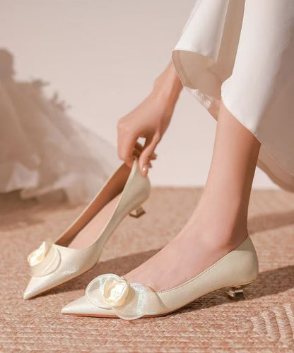 French Floral Splicing Kitten Heels Champagne Pointed Toe