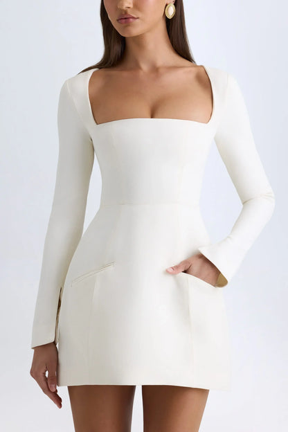 Square-Neck Structured Tulip Mini Dress In Vanilla