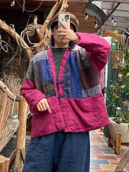 Women Vintage Spliced Button 100%Linen Padded Coat