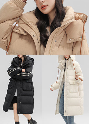 Women Black Hooded Patchwork Duck Down Winter Coats