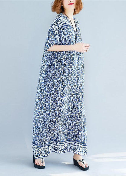 Beautiful v neck cotton Tunics Fabrics floral long Dresses summer