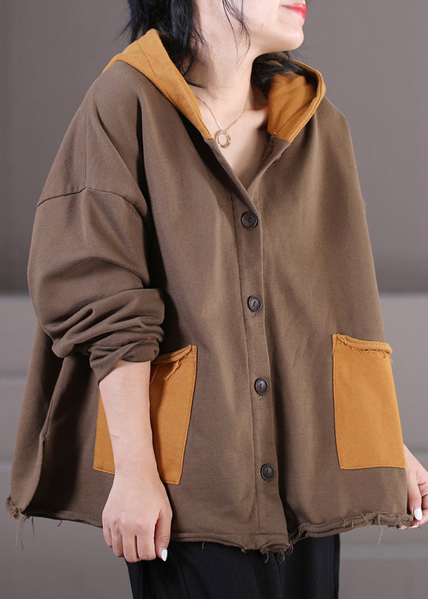 Retro Coffee Patchwork Cotton Hooded Coats Fall