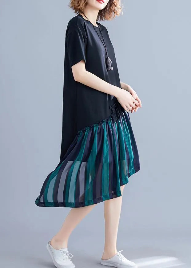 Chic o neck patchwork quilting clothes blue striped Dresses summer