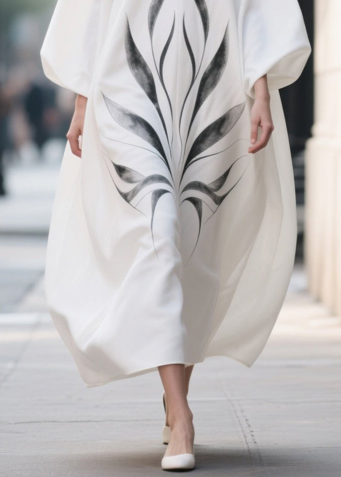 Plus Size White Oversized Print Chiffon Dress Lantern Sleeve