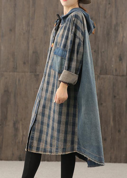 Vivid denim blue plaid Tunic hooded Button Down Plus Size Dress