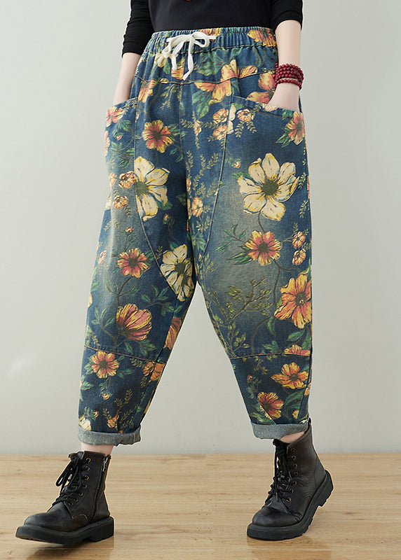 French Navy elastic waist drawstring pockets Print Denim Pants