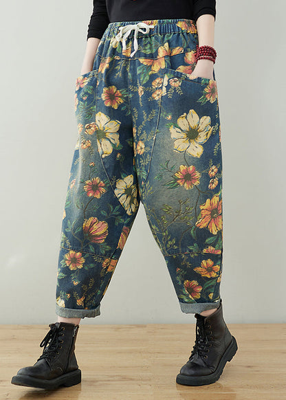 French Navy elastic waist drawstring pockets Print Denim Pants