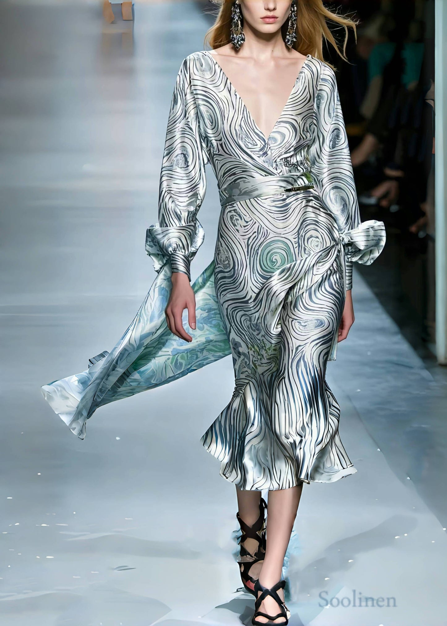 Women Grey Asymmetrical Striped Silk Robe Dresses Spring