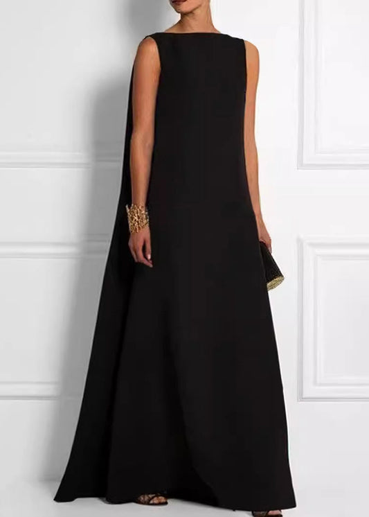 French Black High Waist Solid Cotton Ankle Dress Sleeveless