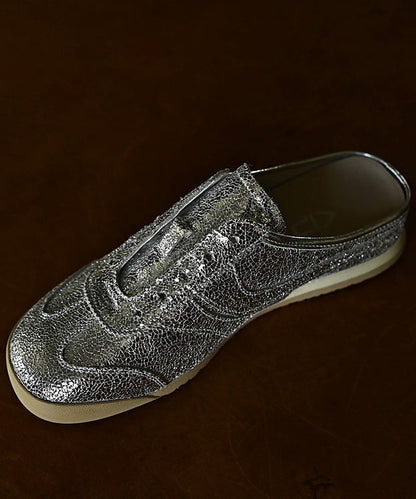 Chic Splicing Wedge Silver Cowhide Leather Slide Sandals