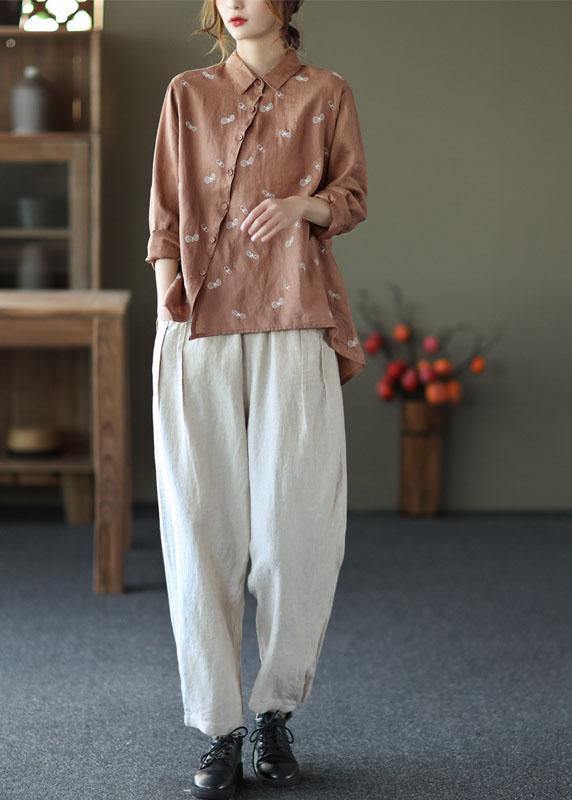 Chic Khaki Peter Pan Collar Button Fall Asymmetrical Design Top Long Sleeve
