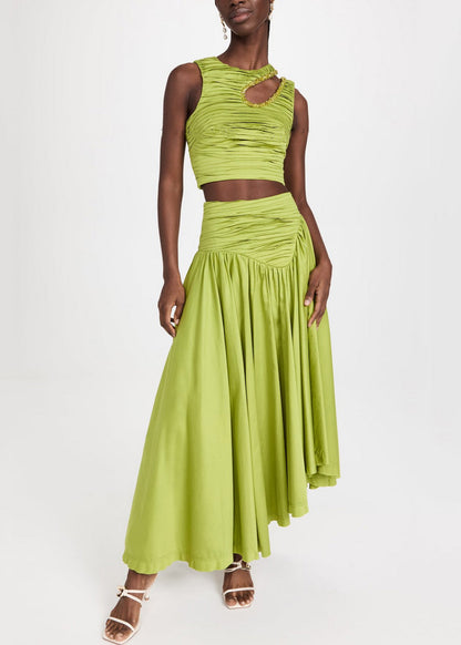 Art Green Wrinkled Hollow Out Cotton Two Piece Set Sleeveless