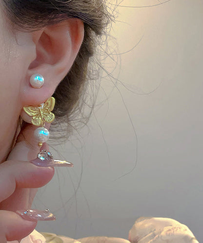Fashion Gold Sterling Silver Overgild Pearl Butterfly Stud Earrings