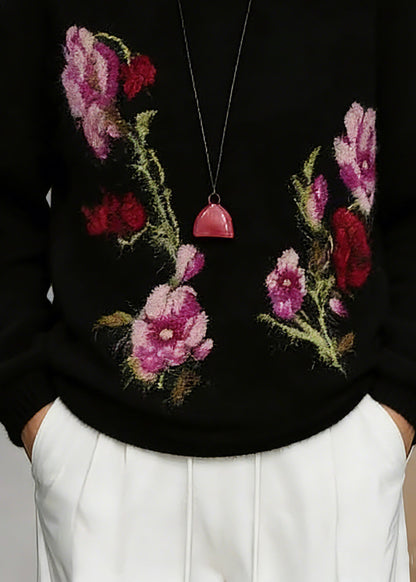 Jacquard Black O-Neck Cotton Knit Sweaters Spring