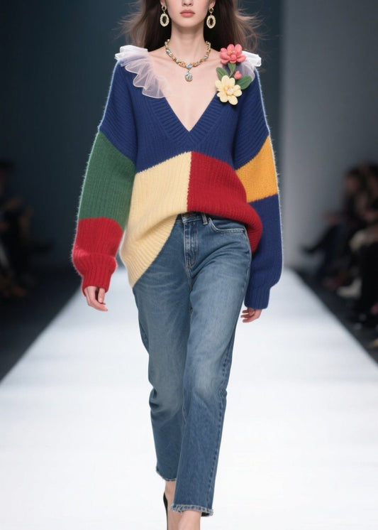 Plus Size Colorblock V Neck Floral Knit Sweaters Winter