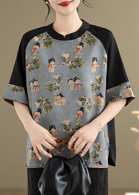 Art Sky Blue Print Patchwork Silk Oriental Tops Summer