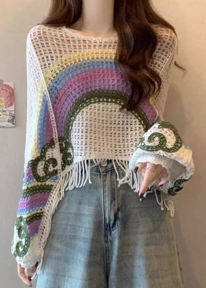 Bohemian Brown O-Neck Tassel Patchwork Knit Tops Fall