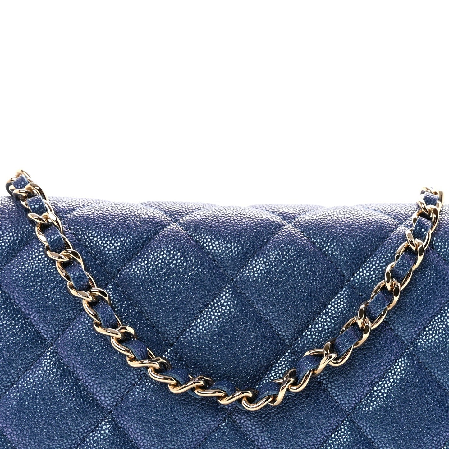 Iridescent Caviar Quilted Wallet on Chain WOC Dark Blue