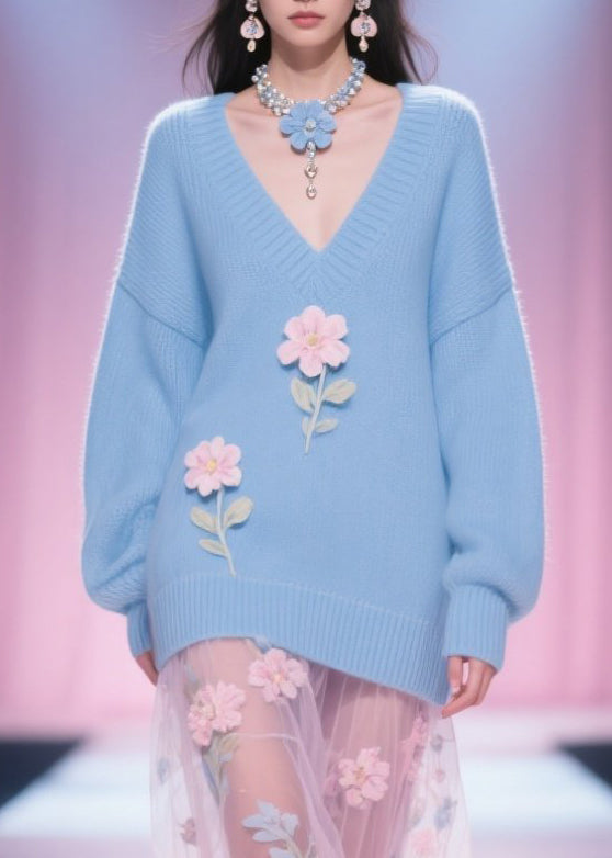 Italian Blue V Neck Floral Patchwork Knit Short Sweater Fall
