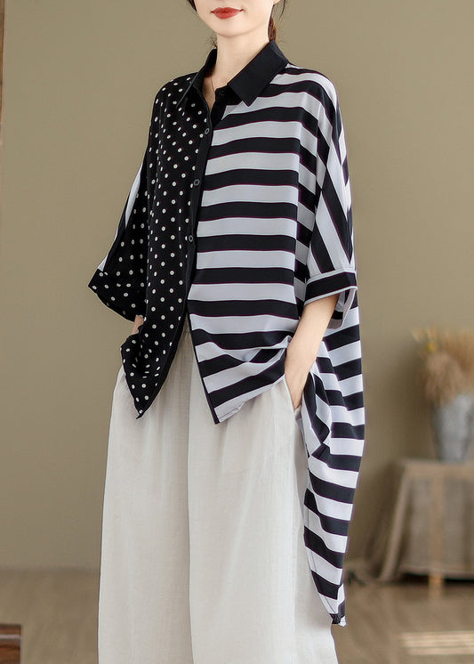 Plus Size Colorblock Peter Pan Collar Low High Design Cotton Shirt Tops Summer