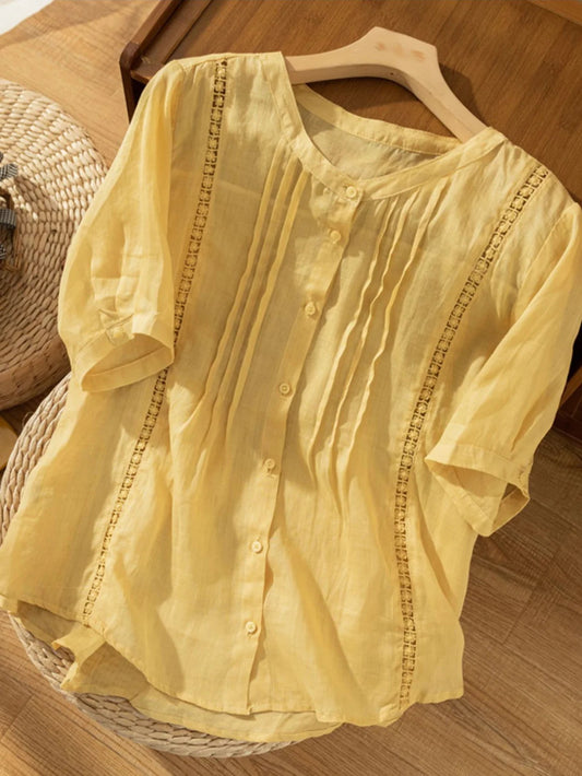 Pure Color Round Neck Short Sleeve Casual Linen Top