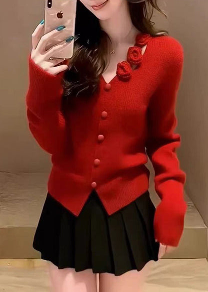 Organic Red Floral Button Cotton Knit Sweater Spring