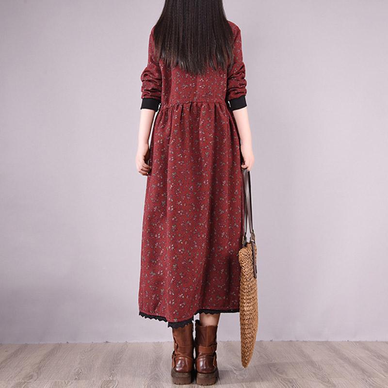 Winter Korean Style High-neck Plush Floral Dress