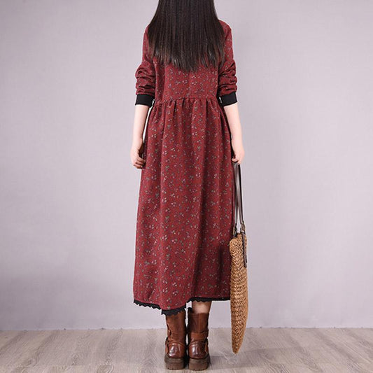 Winter Korean Style High-neck Plush Floral Dress