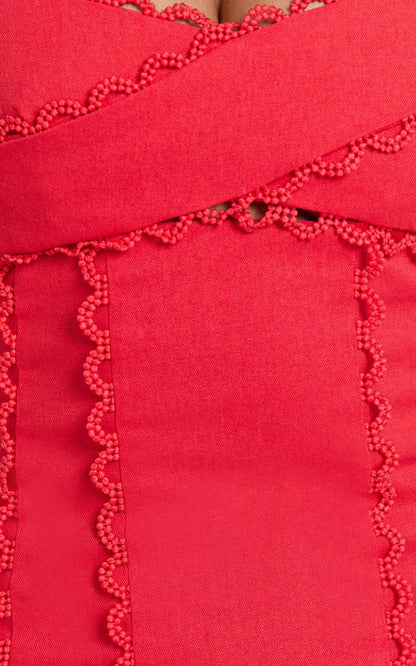 Gigi Mini Linen Dress - Sweetheart Tie Back Scallop Detail Dress In Red