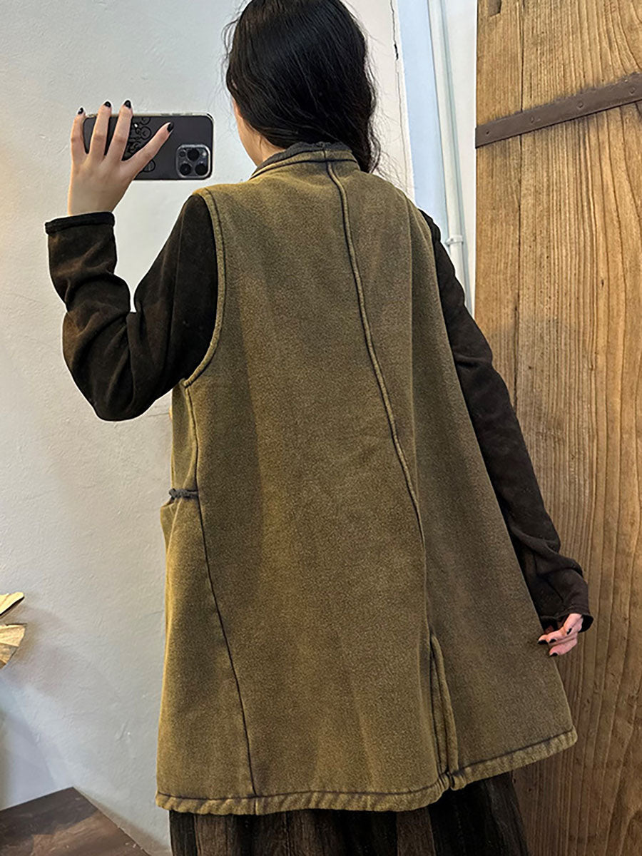 Women Winter Vintage Thick Button Long Waistcoat