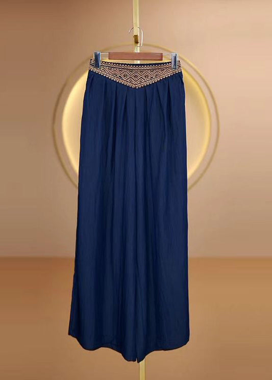 Bohemian Blue Embroidered Elastic Waist Cotton Pants Fall