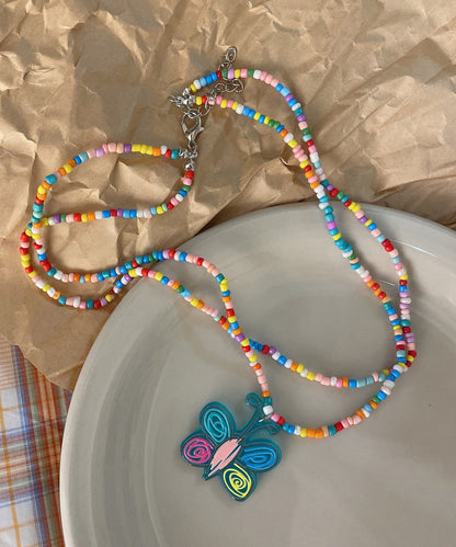 Beautiful Rainbow Floral Alloy Floral Double Layer Beading Pendant Necklace