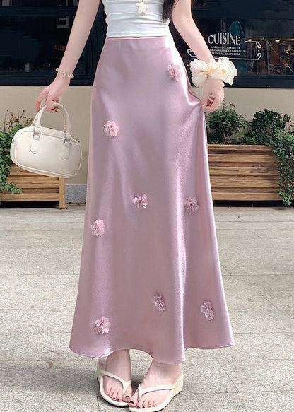 Stylish Pink Floral High Waist Silk Skirt Summer