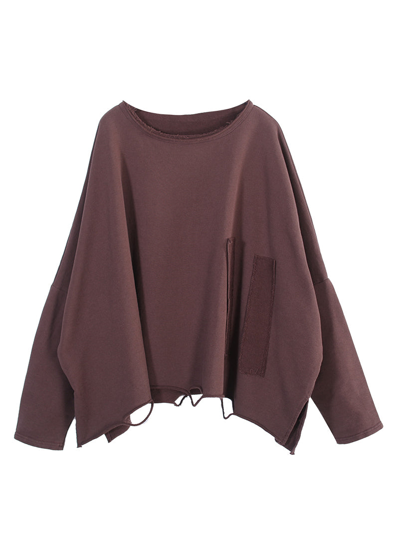 Plus Size Coffee O-Neck Side Open Sweatshirt Fall